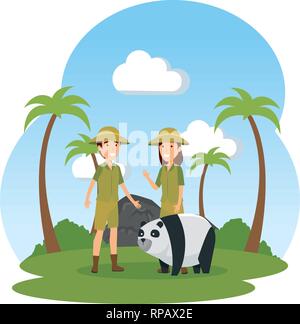 couple of workers zoo with panda in the field vector illustration design Stock Vector