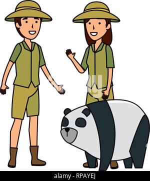 couple of workers zoo with panda bear vector illustration design Stock Vector