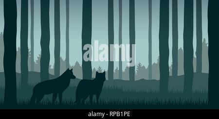 two wolves in green forest wildlife nature landscape vector illustration EPS10 Stock Vector