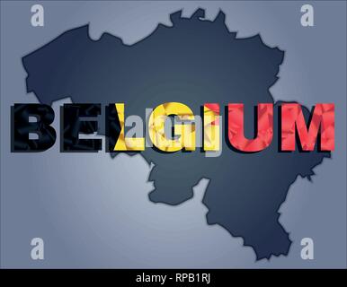 The contours of territory of Belgium in grey colours and word Belgium in colors of the oficial flag, black, yellow and red Stock Vector