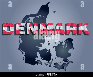 The contours of territory of Denmark in grey colours and word Denmark in colors of the oficial flag, red and white Stock Vector