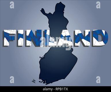 The contours of territory of Finland in grey colours and word Finland in colors of the oficial flag, blue and white Stock Vector