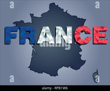 The contours of territory of France in grey colours and word France in colors of the oficial flag, blue, white and red Stock Vector