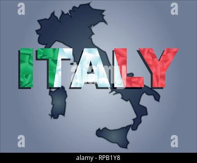 The contours of territory of Italy in grey colours and word Italy in colors of the oficial flag, red, white and green Stock Vector