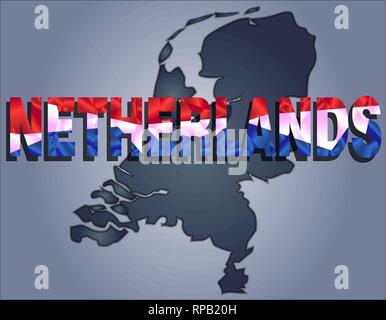 The contours of territory of Netherlands in grey colours and word Netherlands in colors of the oficial flag, red, blue and white Stock Vector