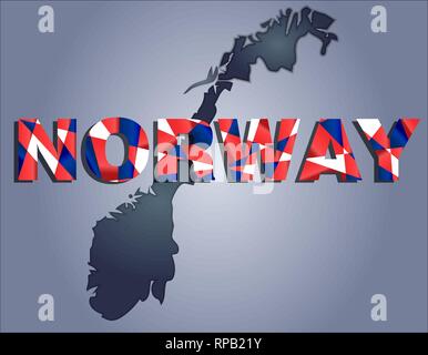 The contours of territory of Norway in grey colours and word Norway in colors of the oficial flag, red, blue and white Stock Vector