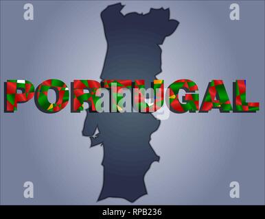 The contours of territory of Portugal in grey colours and word Portugal in colors of the oficial flag, green, red, white Stock Vector