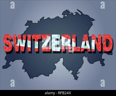 The contours of territory of Switzerland in grey colours and word Switzerland in colors of the oficial flag, white and red Stock Vector