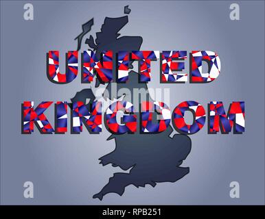 The contours of territory of United Kingdom in grey colours and word United Kingdom in colors of the oficial flag, red, blue and white Stock Vector