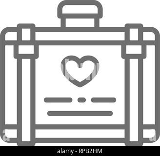 Wedding luggage, suitcase for honeymoon line icon. Stock Vector