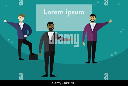 Three men of different races are giving a presentation. Vector illustration. Flat design. Stock Vector
