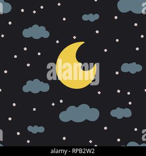 Night sky. Seamless pattern background. Vector illustration. Moon, clouds and stars. Stock Vector