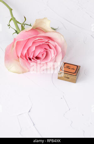 Pink rose and pill box on white paint effect background Stock Photo