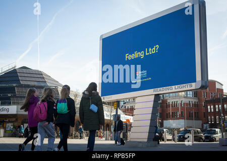 A giant new illuminated LED advertising screen outside Reading Station, Berkshire. Stock Photo