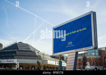 A giant new illuminated LED advertising screen outside Reading Station, Berkshire. Stock Photo