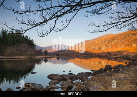 Scenic view of the Snowdon Horseshoe mountains at sunrise, reflected in the still water of Llynnau Mymbyr, Snowdonia National Park, North Wales, UK. Stock Photo