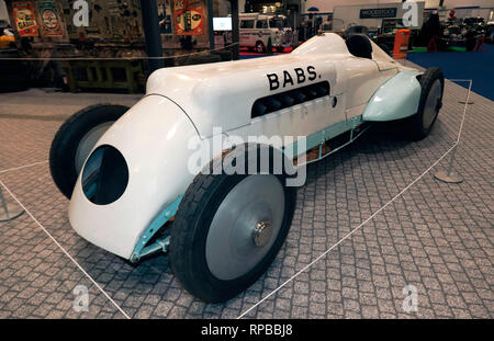 Three-quarter front view of BABS, a land speed record car at the 2019 London Classic Car Show, in  'The need For Speed', display curated by Edd China. Stock Photo