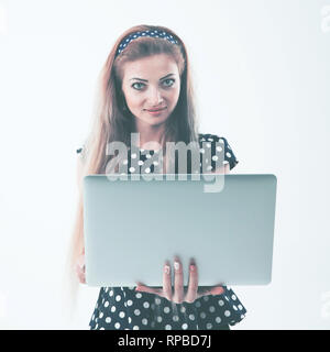 portrait of confident female administrator with an open laptop Stock Photo