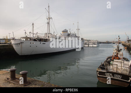 A general view of the former hospital ship, Gil Eannes, in Viana do Castelo. Viana do Castelo is rich in palaces emblazoned with coats of arms, churches and monasteries, monumental fountains and water features that constitute a wealth of heritage worth visiting. It is located on the banks of Lima River and borders the Atlantic Ocean. Stock Photo