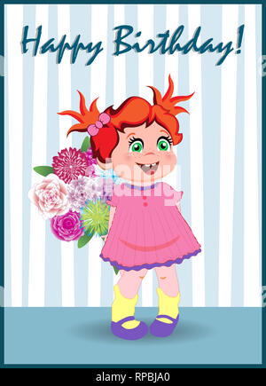Happy Birthday Greeting Card of Cute Little Red Head Girl in Pink Dress with Bunch Beautiful Flowers Stand in Room with Striped Wallpaper. Kawaii Baby Stock Photo