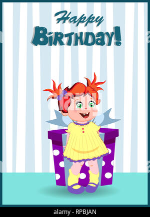 Happy Birthday Greeting Card of Cute Cartoon Little Girl Character With Ginger Hair in Yellow Dress Holding Big Gift Box on Striped Background. Illust Stock Photo