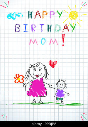 Happy birthday mom kids hand drawn Royalty Free Vector Image