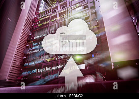 Cloud storage, data access, login and password request window on server room background. Internet and technology concept.