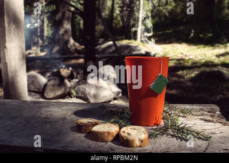 Outdoor food items set. Travel, tourism and camping equipment. Picnic rest, cooking on the nature. Summer BBQ and grill tools. Stock Photo