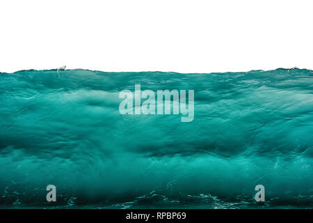 Deep dark turquoise blue underwater background isolated on white. Sea or ocean storm wave front view. Climate nature concept. Stock Photo