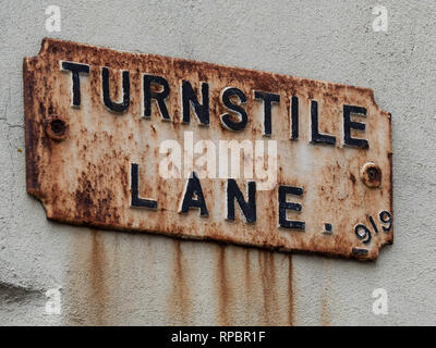 A close up of a cast Victorian street sign in Bungay - Turnstile Lane Stock Photo