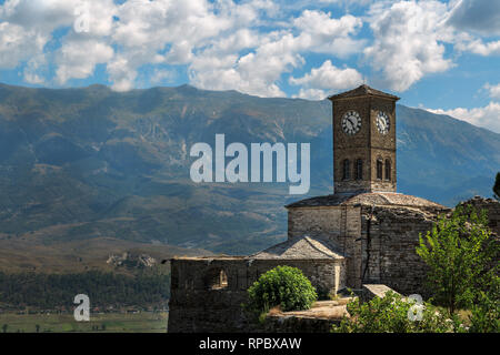 Clock tower of Gjirokaster'Castle, Southern Albania. Gjirocaster is Historical UNESCO protected town. Stock Photo