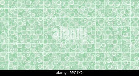 Horizontal Banner. Green Bathroom Tiled Wall with Flying Soap or Shampoo Bubbles Floating on Ceramic Tile Background. Cute Baby Cartoon Wallpaper, Pos Stock Vector