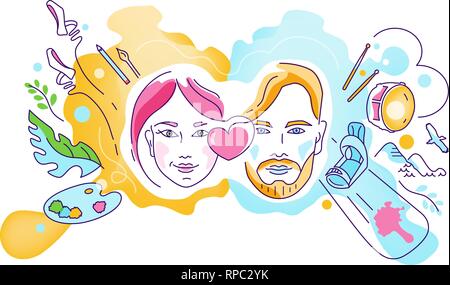 Vector illustration on the theme of various interests, hobbies, passion of people. Man and woman, sport, art, ballet, skateboarding, mountains, linear Stock Vector