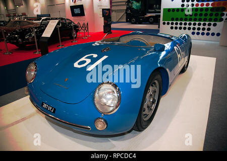 Three-quarters front view of a 1955, Porsche 550, on display at the 2019 London Classic Car Show Stock Photo