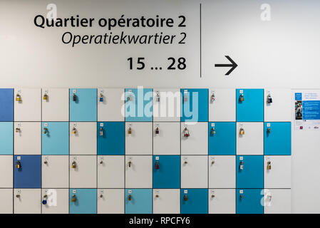 Auderghem, Brussels / Belgium - 02 18 2019: Lockers with padlocks and indication signs for the surgery department Stock Photo