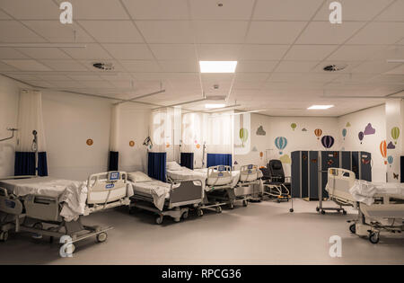 Auderghem, Brussels / Belgium - 02 18 2019: Empty recovery room waiting for patients afther their surgery Stock Photo