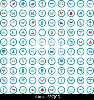 100 biology science icons set, cartoon style Stock Vector