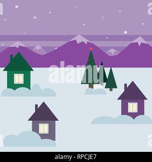 vector illustration with winter house in the snow and trees Stock Vector