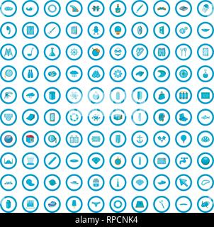 100 blue icons set, cartoon style Stock Vector