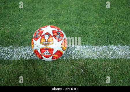 Thessaloniki, Greece - February 19, 2019: Official Champions League football ball in the field before the match UEFA Youth League for second round bet Stock Photo