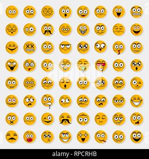 Sticker big set of cute happy smiley emotions,yellow vector illustration Stock Vector