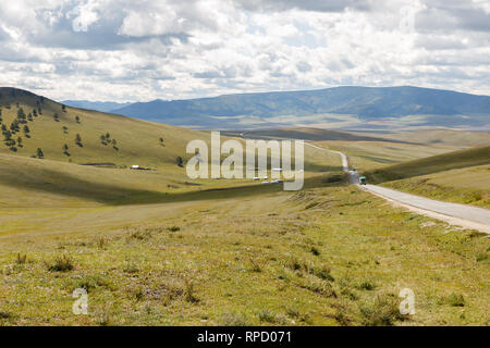 asphalt road Darkhan-Ulaanbaatar in Mongolia, Mongolian landscape Stock Photo