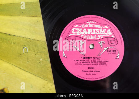 Nottingham,UK. 21st February 2019. Rare pink scroll label on Charisma  Genesis 'Nursery Crime' album Stock Photo - Alamy