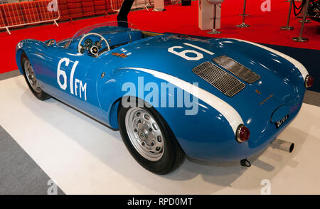 Three-quarters rear  view of a 1955, Porsche 550, on display at the 2019 London Classic Car Show Stock Photo