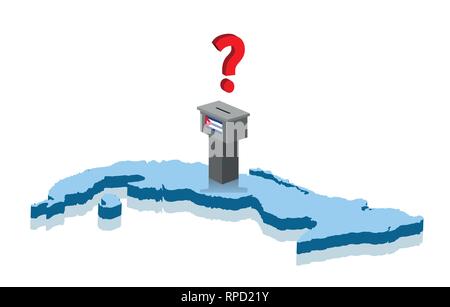 Cuban election results with question mark and voting ballot over 3D map of Cuba. All the objects are in different layers and the text types do not nee Stock Vector