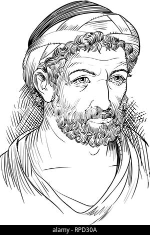 Pythagoras portrait in line art illustration. He was Greek mathematician, philosopher and religious leader. Stock Vector