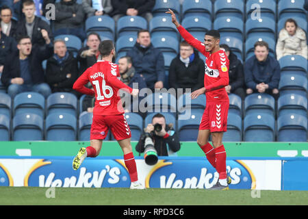 BLACKBURN, UK 17TH FEBRUARY. Ashley Fletcher of Middlesbrough celebrates with Jonathan Howson after scoring the only goal of the Sky Bet Championship match between Blackburn Rovers and Middlesbrough at Ewood Park, Blackburn on Sunday 17th February 2019. (Credit: Mark Fletcher | MI News) Stock Photo