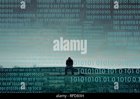 A cyber concept of hooded figure sitting on a park bench, looking sad,depressed. over layed with numbers With a cold, blue edit. Stock Photo