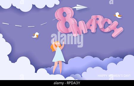Happy 8 March womens day card. Woman with flowers near big letters eight march on blue background. Vector paper illustration Stock Vector