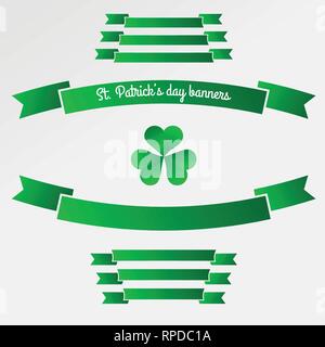 Green clover trefoil symbol and banners. Happy patricks day flat pictogram concept. Trendy symbol. Vector illustration. Stock Vector